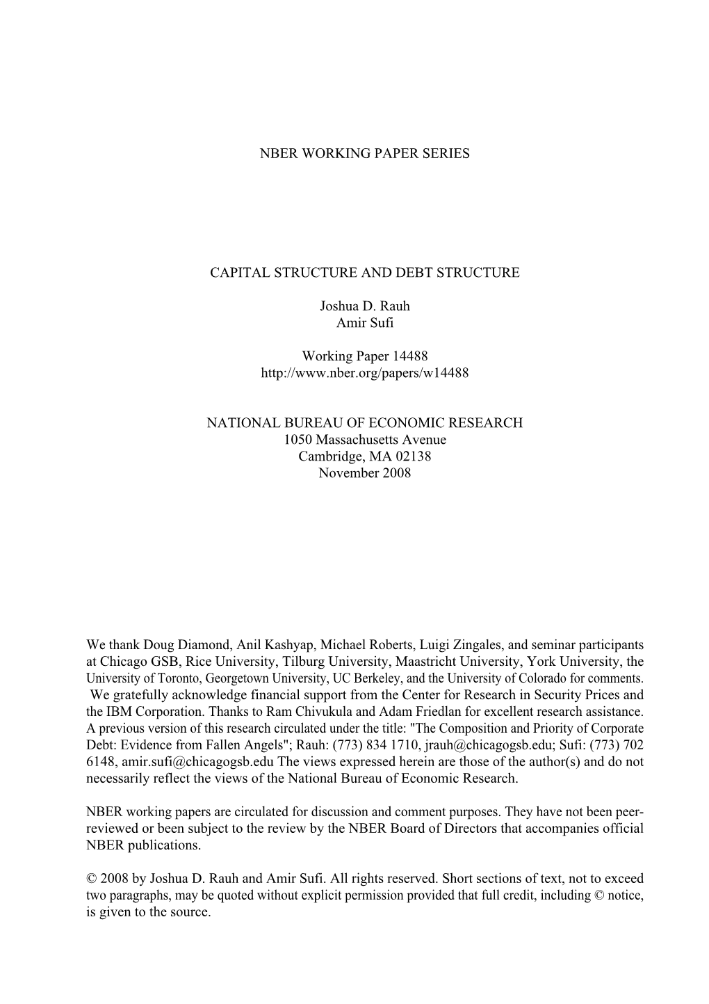 Nber Working Paper Series Capital Structure and Debt