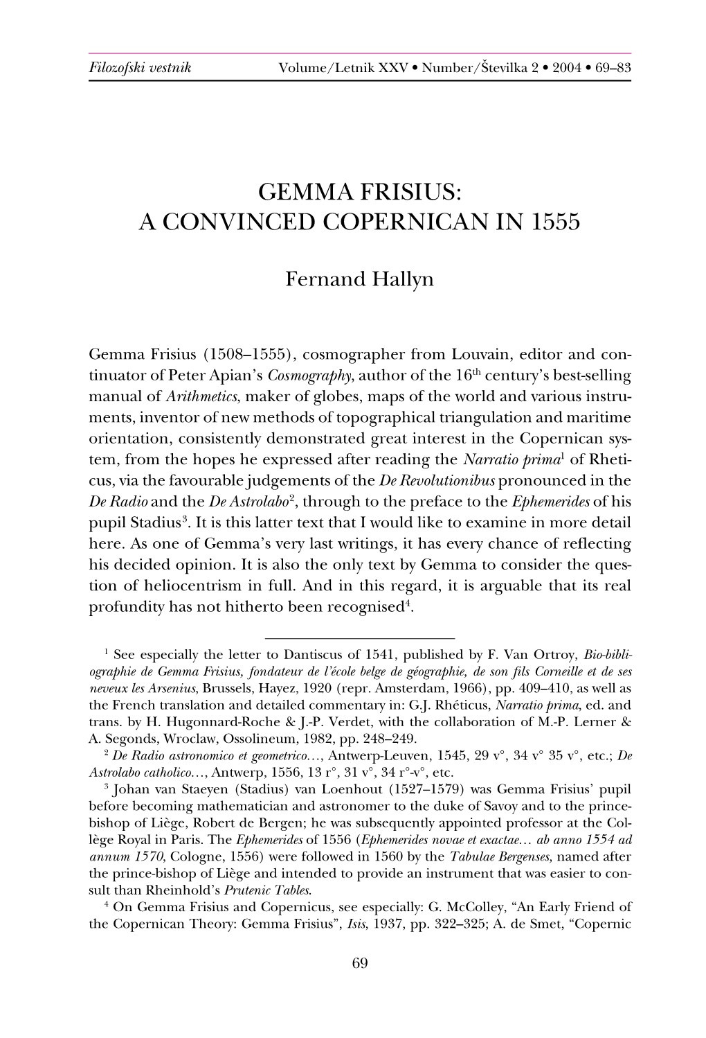 Gemma Frisius: a Convinced Copernican in 1555