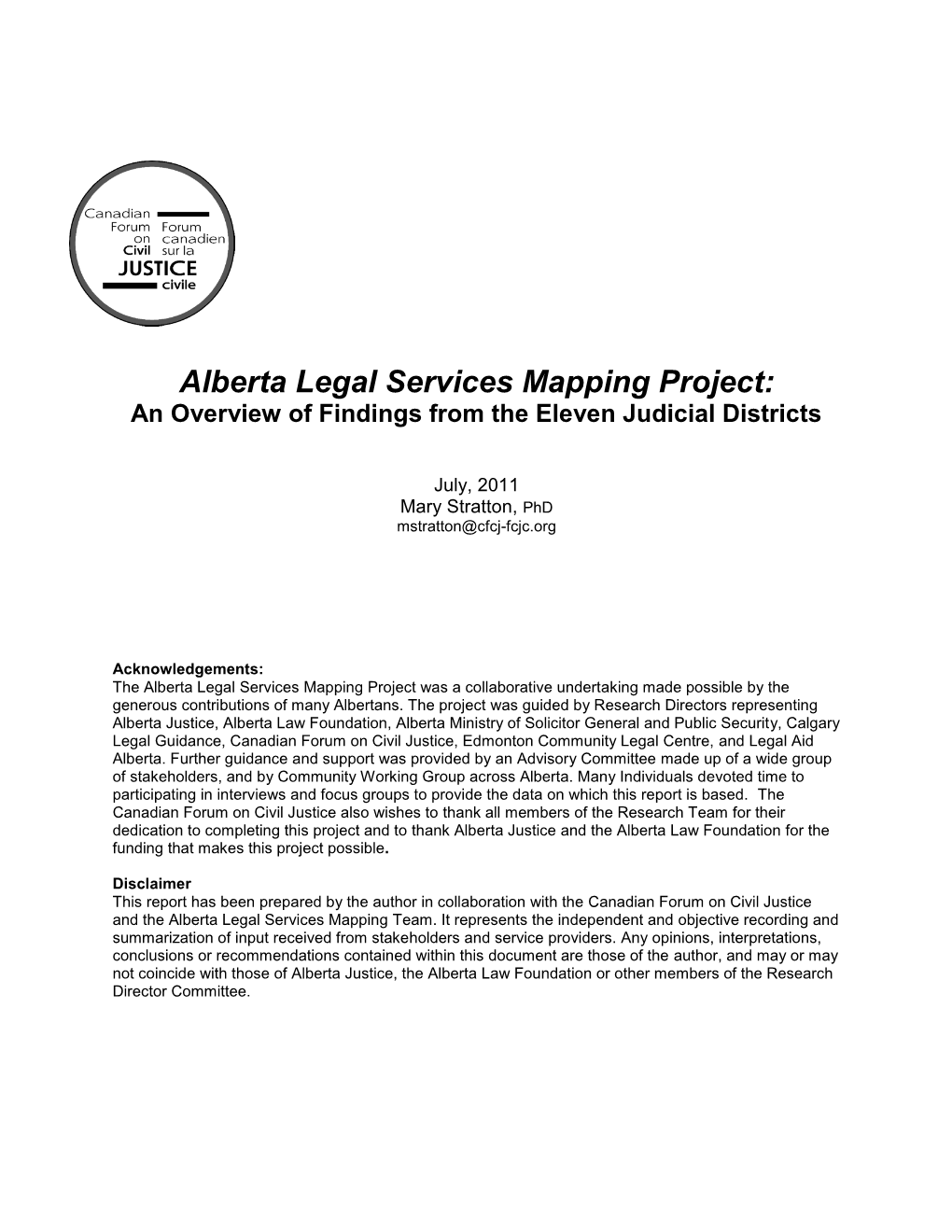 Alberta Legal Services Mapping Project: an Overview of Findings from the Eleven Judicial Districts