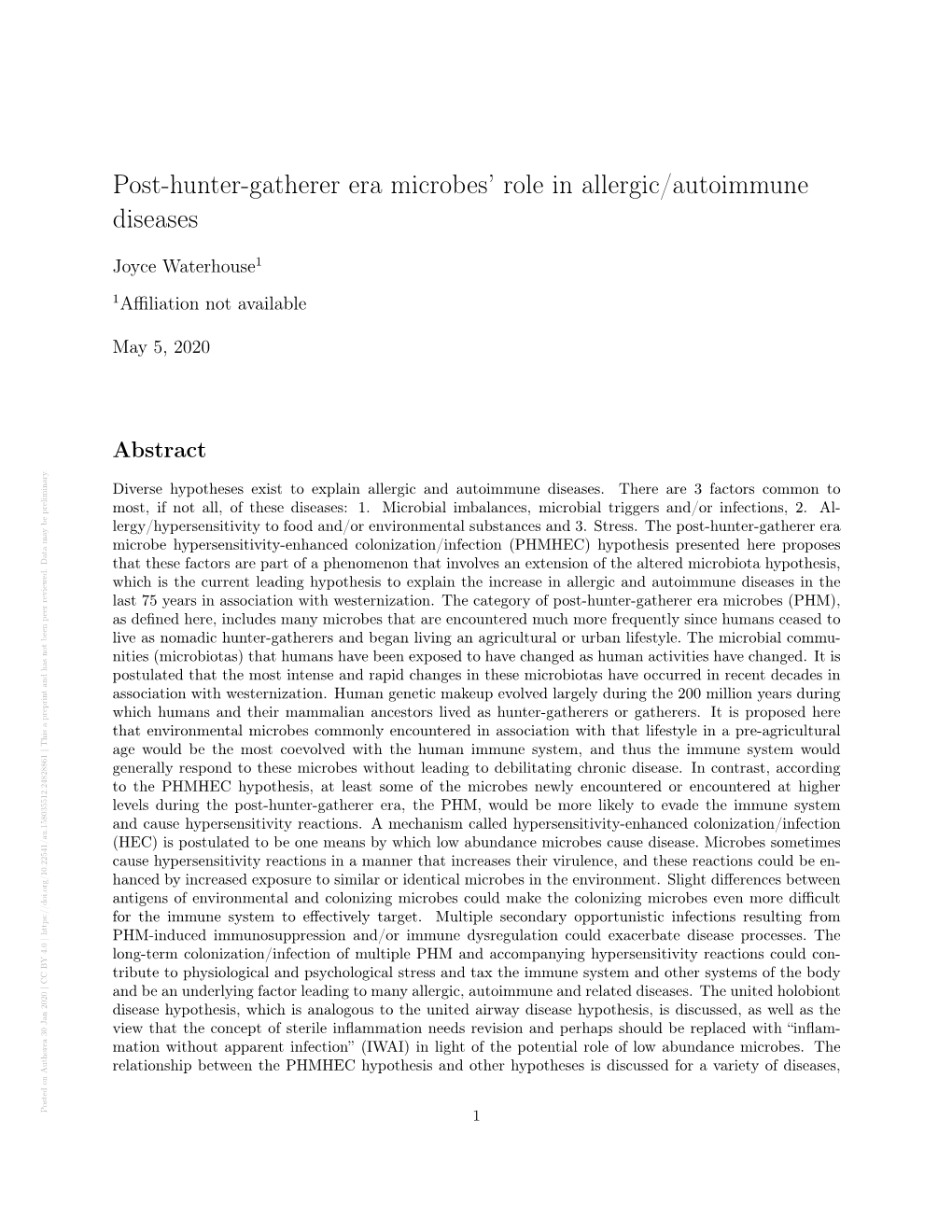 Post-Hunter-Gatherer Era Microbes' Role in Allergic/Autoimmune Diseases