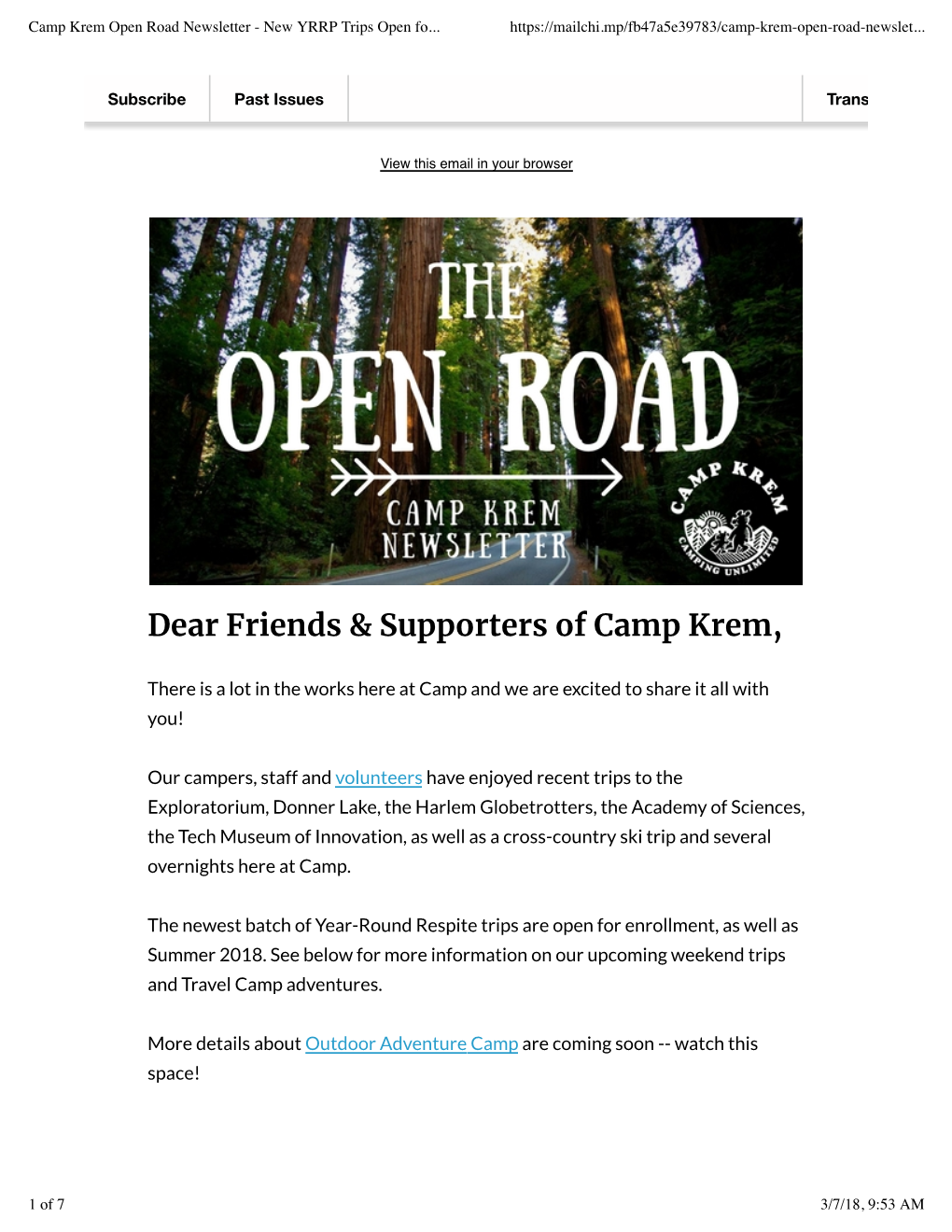Camp Krem Open Road Newsletter - New YRRP Trips Open Fo