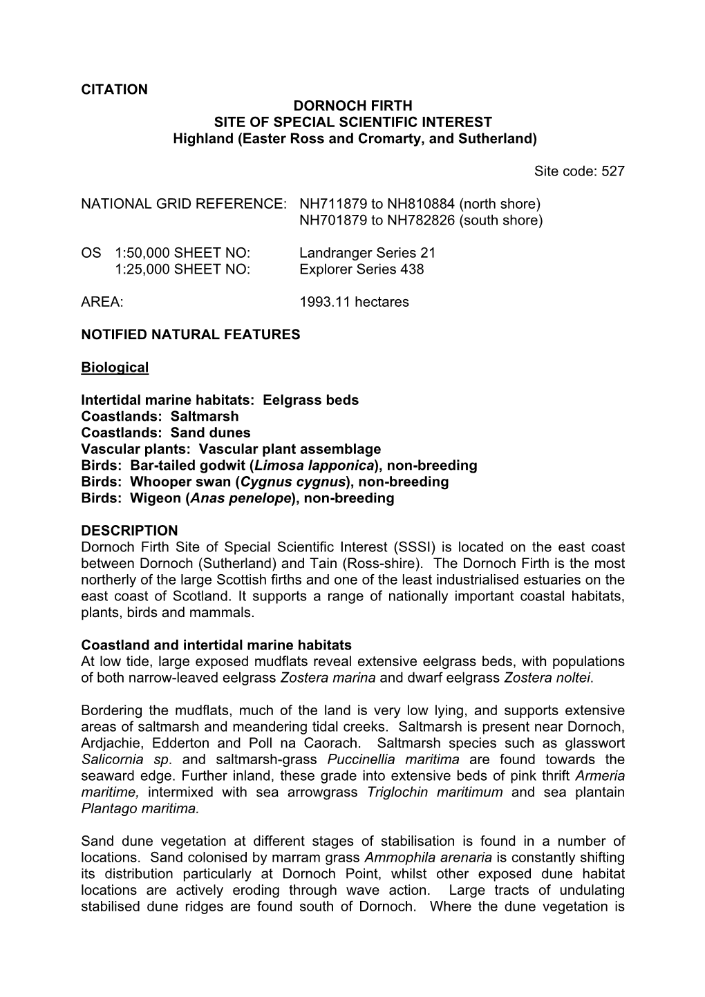 CITATION DORNOCH FIRTH SITE of SPECIAL SCIENTIFIC INTEREST Highland (Easter Ross and Cromarty, and Sutherland)
