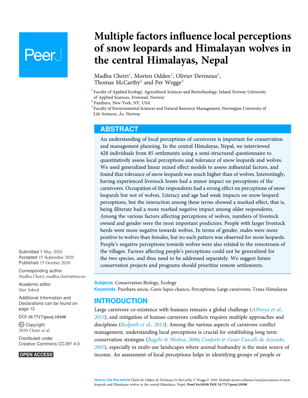 Multiple Factors Influence Local Perceptions of Snow Leopards And