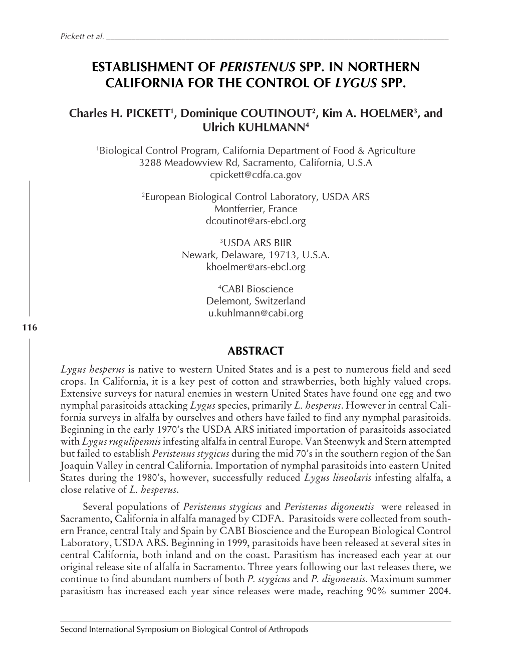 Establishment of Peristenus Spp. in Northern California for the Control of Lygus Spp