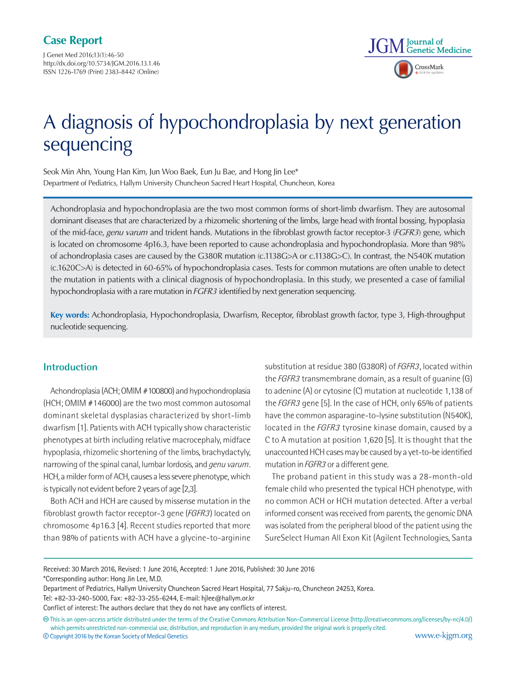 A Diagnosis of Hypochondroplasia by Next Generation Sequencing