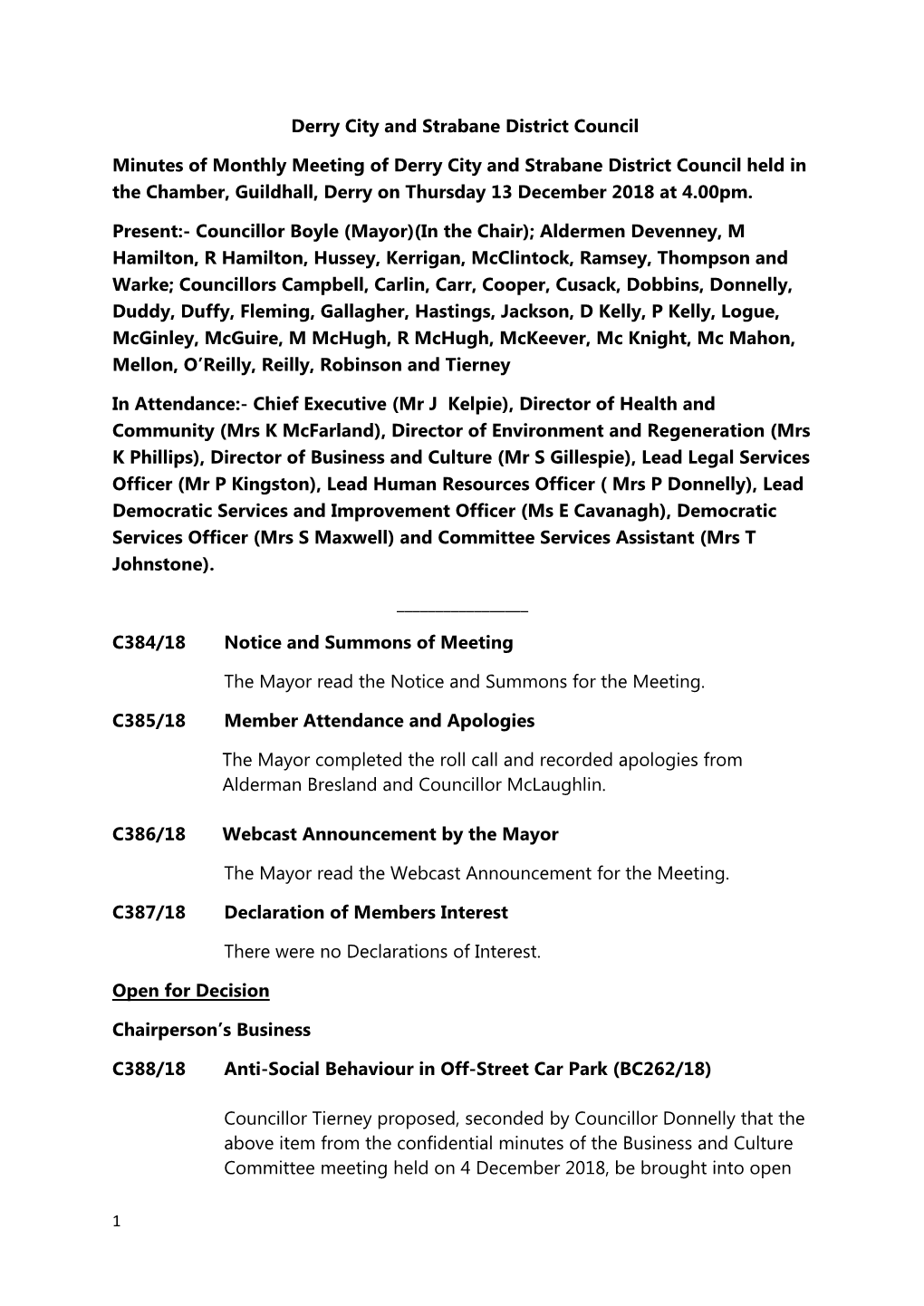 Derry City and Strabane District Council Minutes of Monthly Meeting