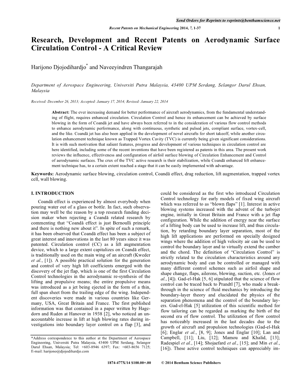 Research, Development and Recent Patents on Aerodynamic Surface Circulation Control - a Critical Review