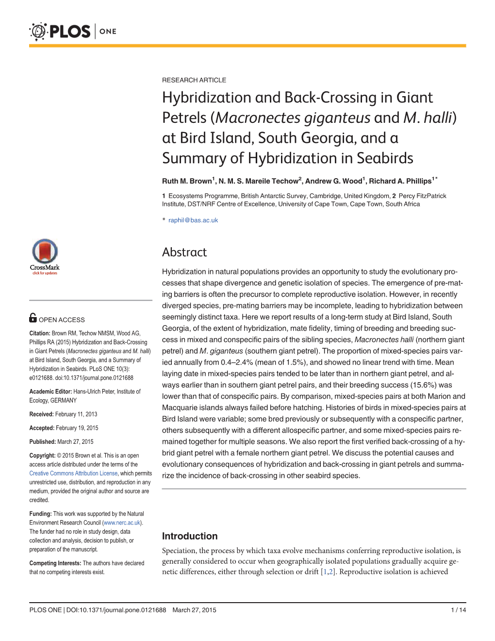 Hybridization and Back-Crossing in Giant Petrels (Macronectes Giganteus and M