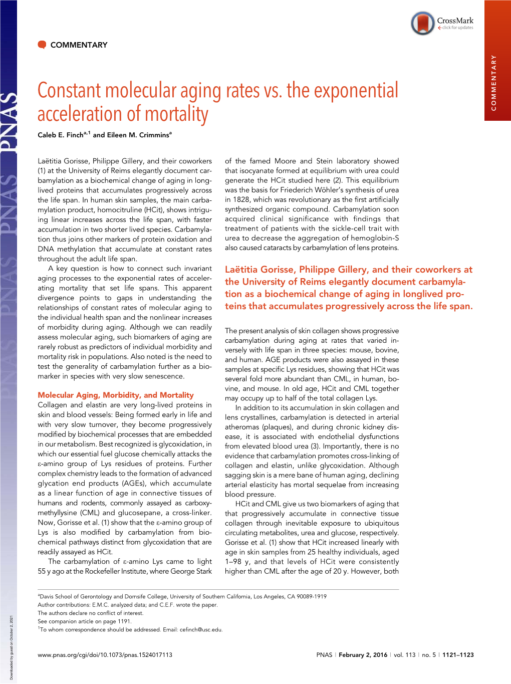 Constant Molecular Aging Rates Vs. the Exponential Acceleration of Mortality COMMENTARY Caleb E