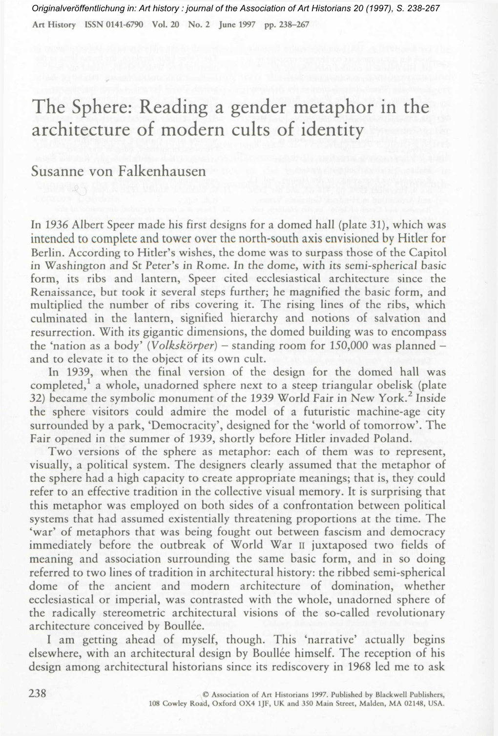 The Sphere: Reading a Gender Metaphor in the Architecture of Modern Cults of Identity