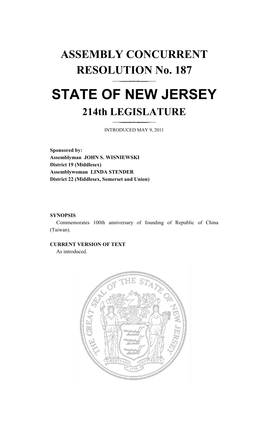 ASSEMBLY CONCURRENT RESOLUTION No. 187 STATE OF