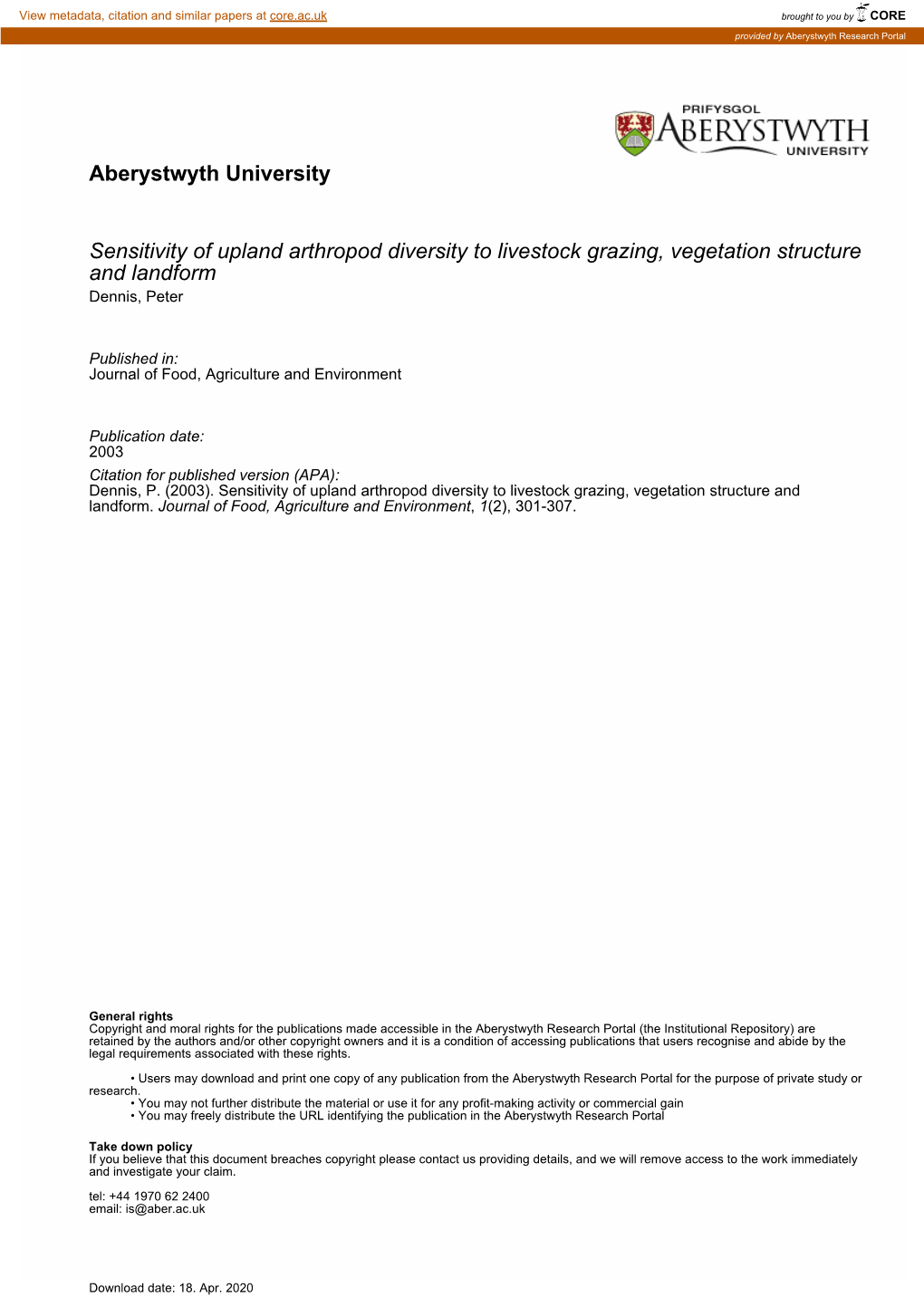 Aberystwyth University Sensitivity of Upland Arthropod Diversity To