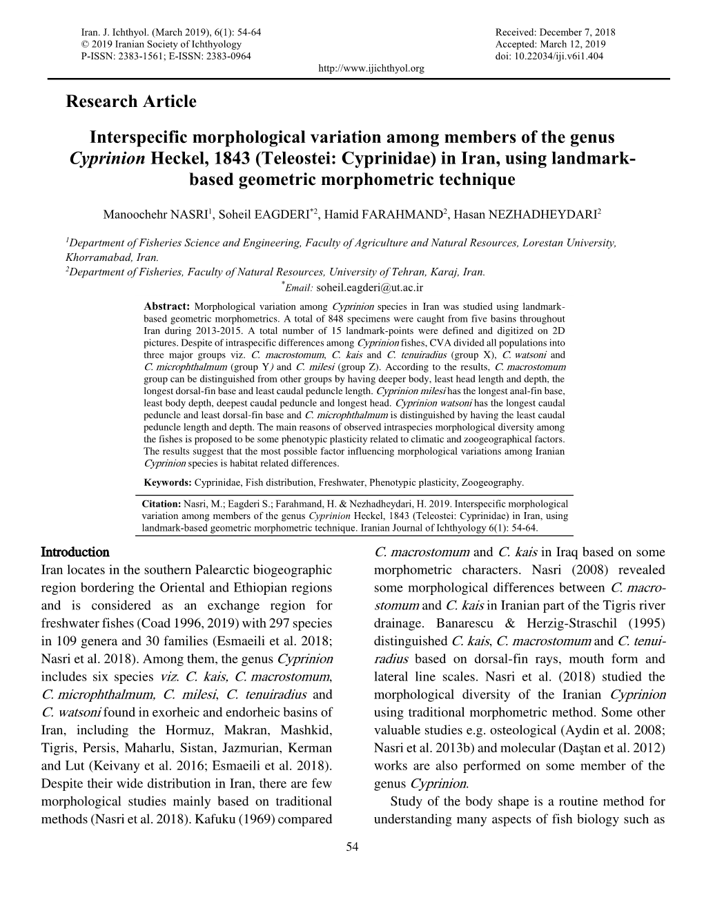 Research Article Interspecific Morphological Variation Among