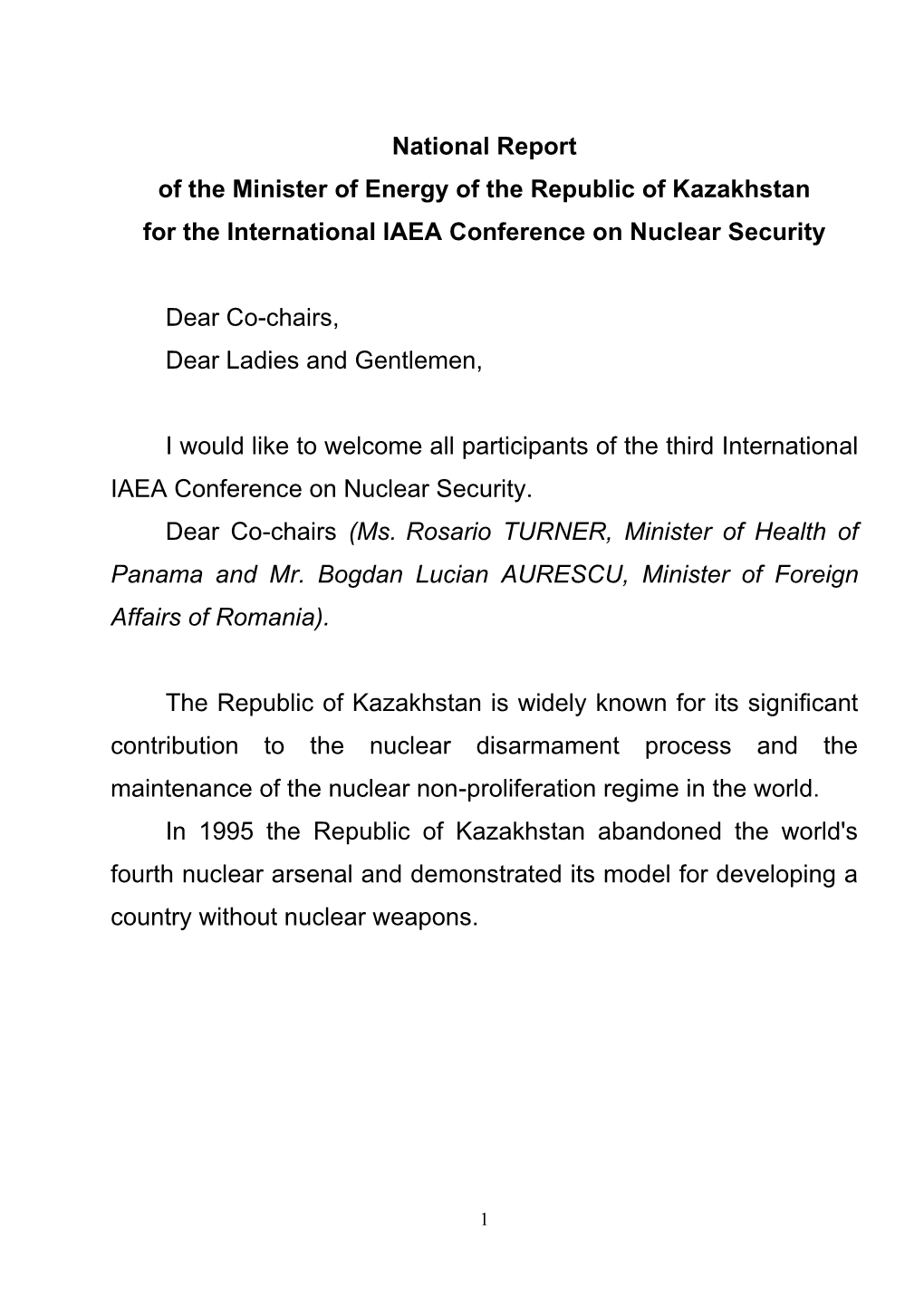 National Report of the Minister of Energy of the Republic of Kazakhstan for the International IAEA Conference on Nuclear Security