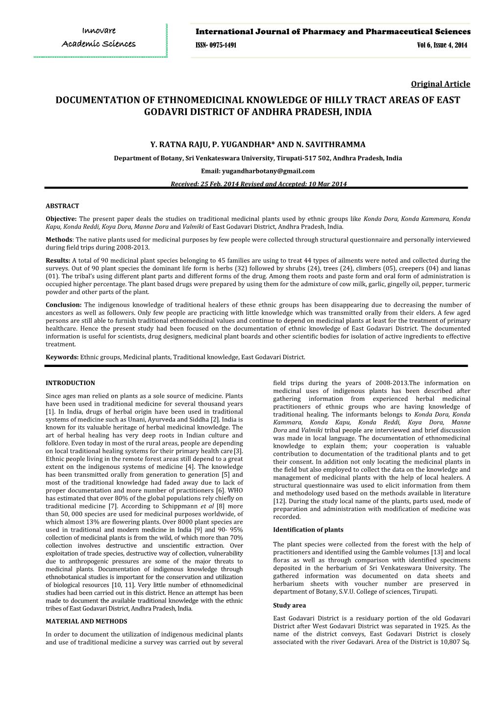 Documentation of Ethnomedicinal Knowledge of Hilly Tract Areas of East Godavri District of Andhra Pradesh, India