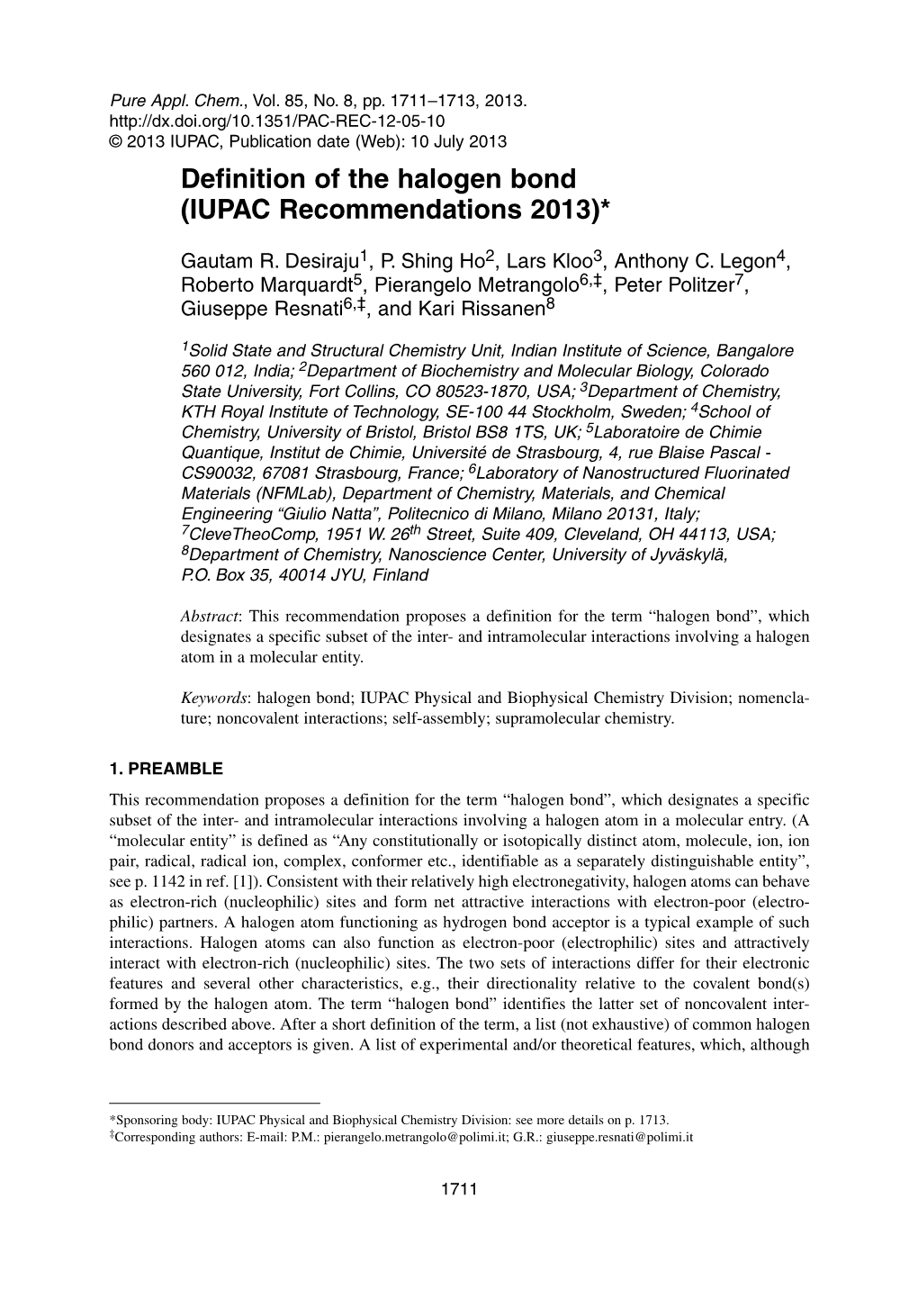 Definition of the Halogen Bond (IUPAC Recommendations 2013)*