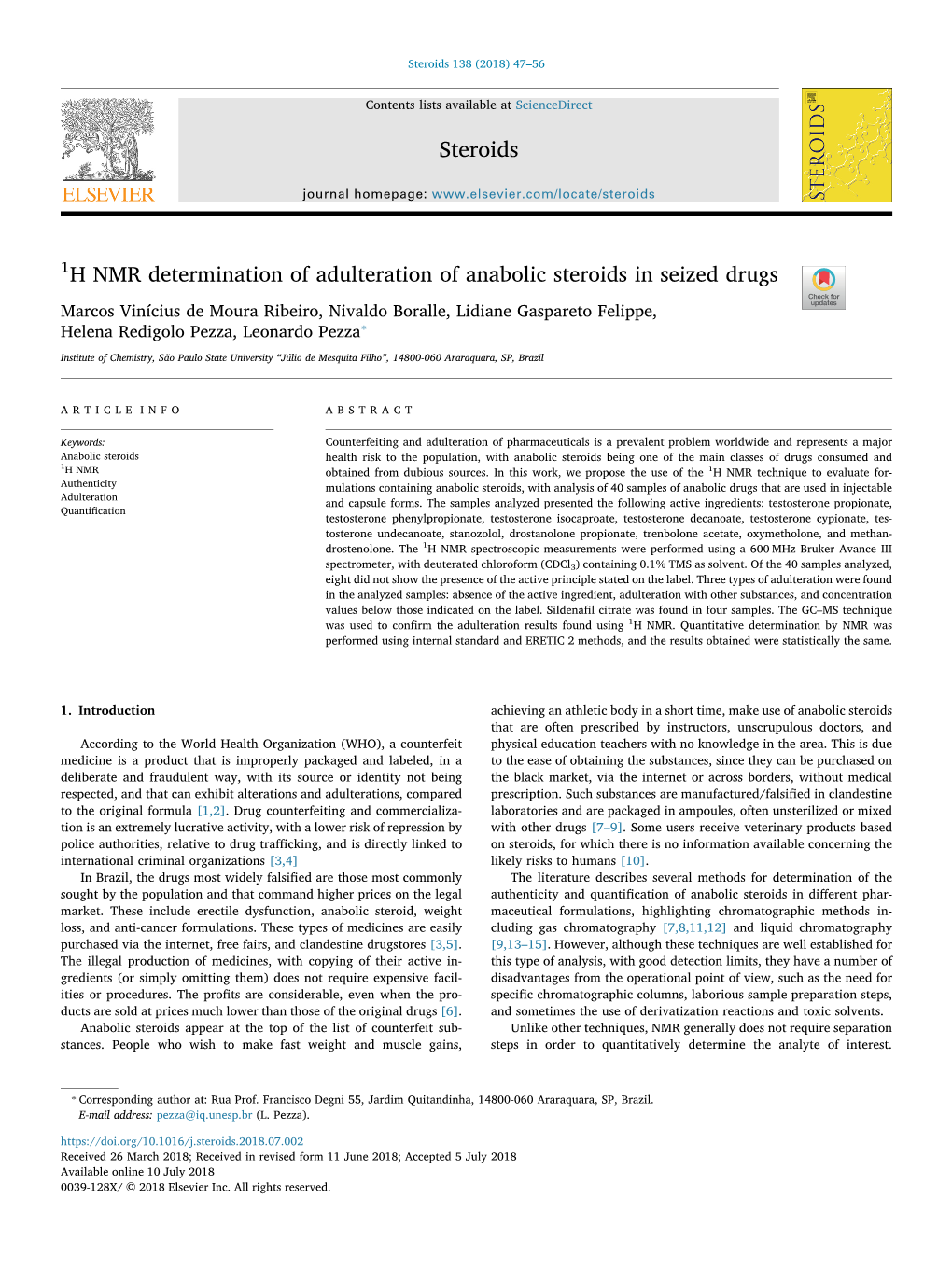 1H NMR Determination of Adulteration of Anabolic Steroids in Seized Drugs