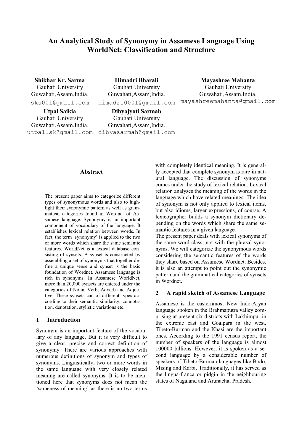 An Analytical Study of Synonymy in Assamese Language Using Worldnet: Classification and Structure