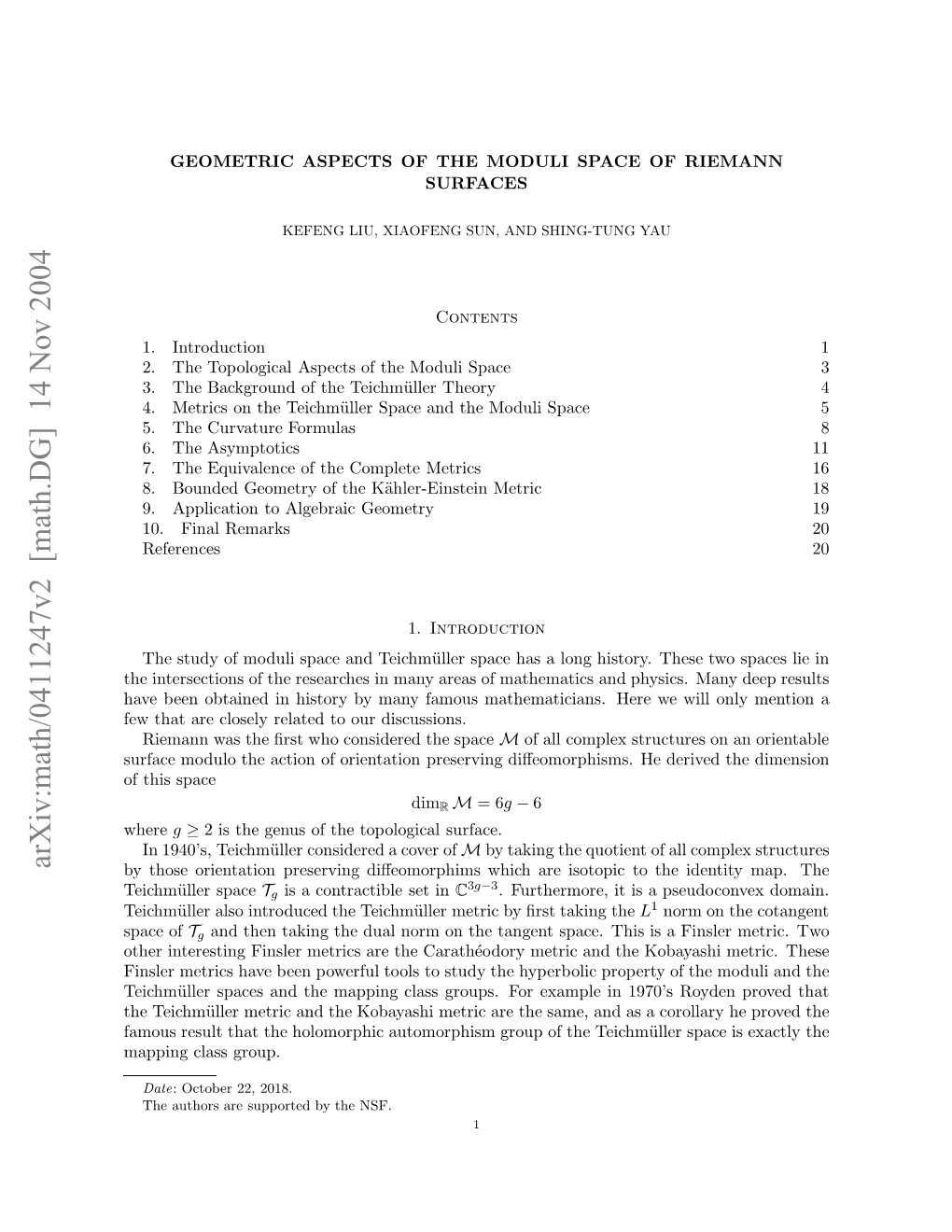 [Math.DG] 14 Nov 2004 Ufc Ouoteato Foinainpeevn Diﬀeomo Preserving Space Orientation This of of Action the Modulo Surface Discussions