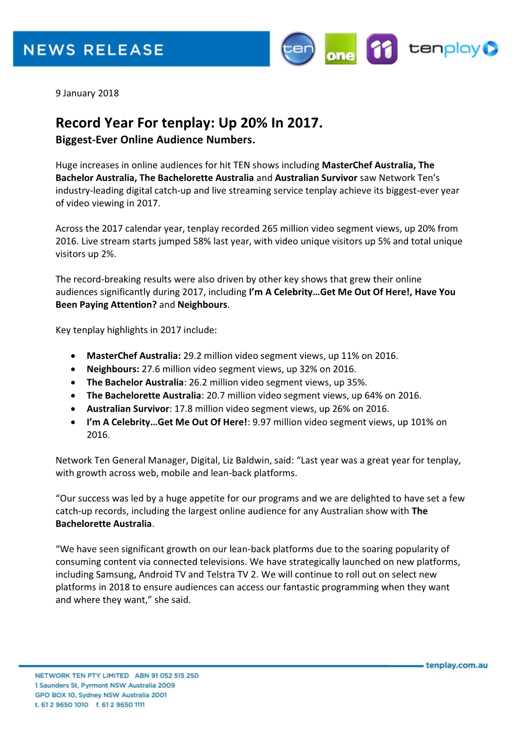 Record Year for Tenplay: up 20% in 2017