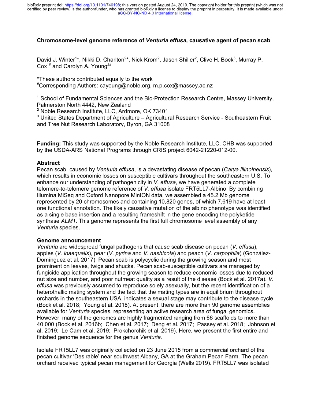 Chromosome-Level Genome Reference of Venturia Effusa, Causative Agent of Pecan Scab