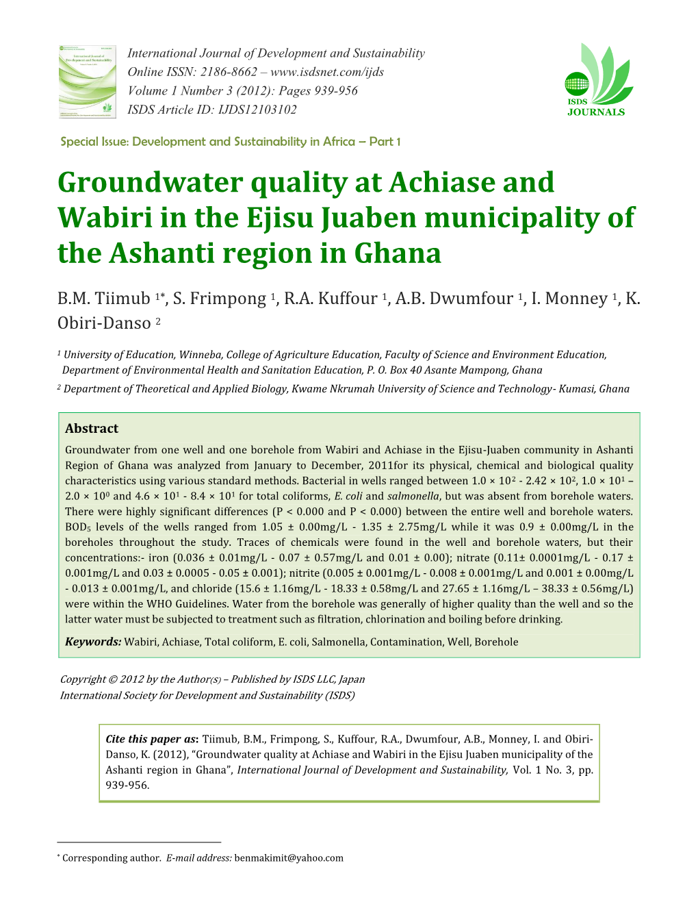 Groundwater Quality at Achiase and Wabiri in the Ejisu Juaben Municipality of the Ashanti Region in Ghana