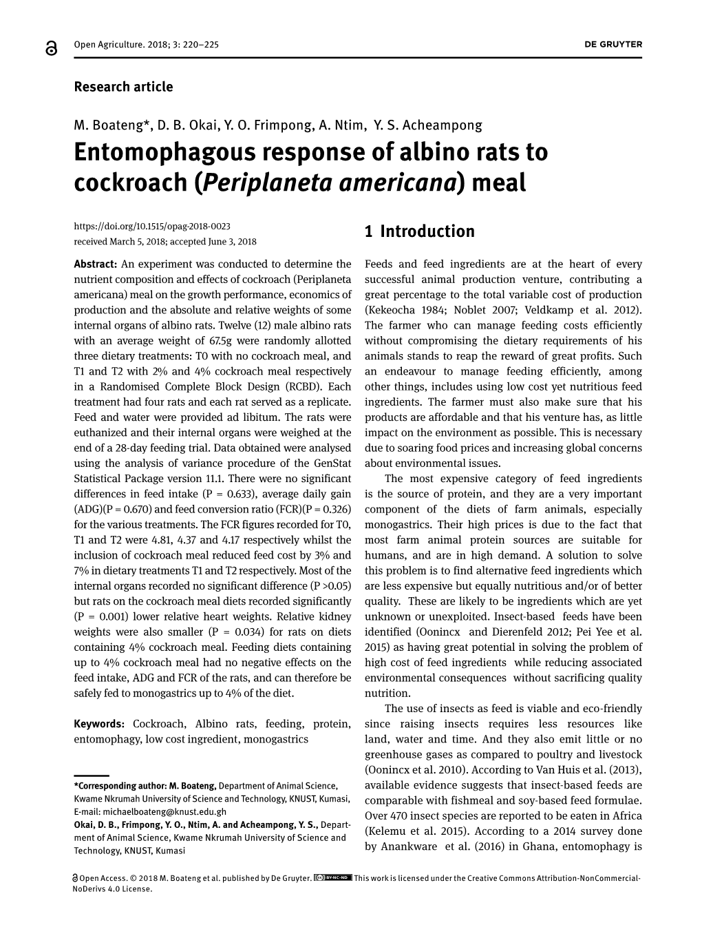 Entomophagous Response of Albino Rats to Cockroach (Periplaneta