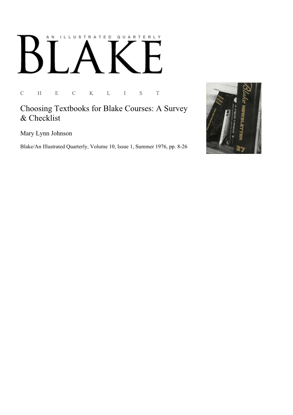 Choosing Textbooks for Blake Courses: a Survey & Checklist