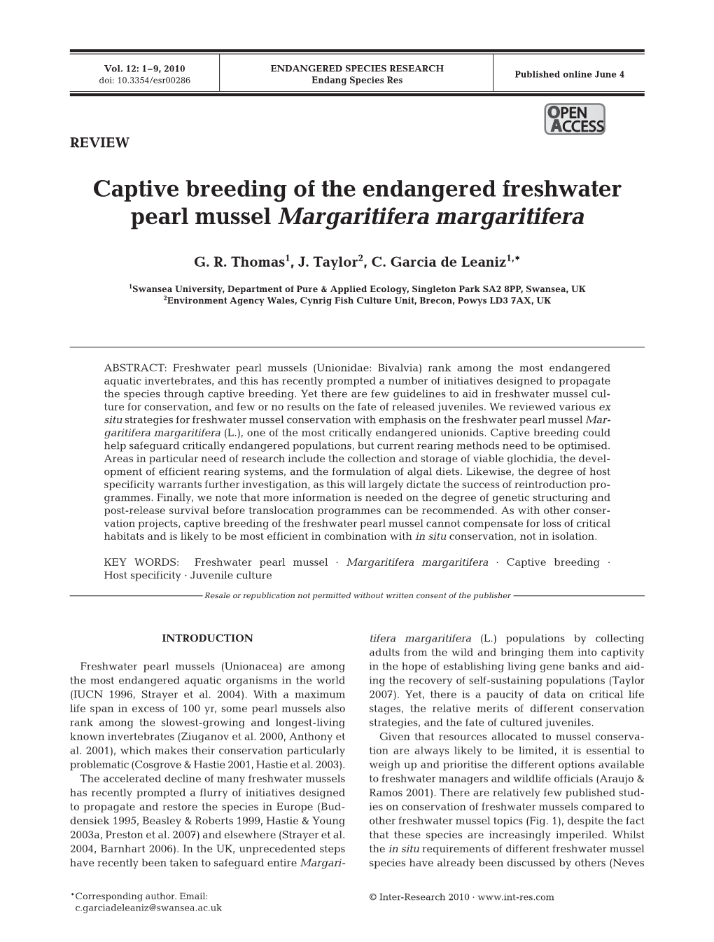 Captive Breeding of the Endangered Freshwater Pearl Mussel Margaritifera Margaritifera