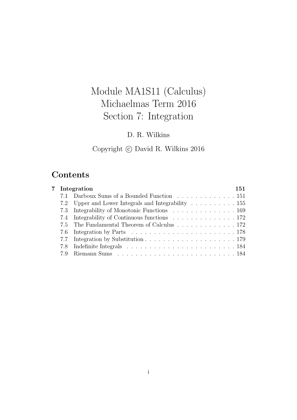 Module MA1S11 (Calculus) Michaelmas Term 2016 Section 7: Integration