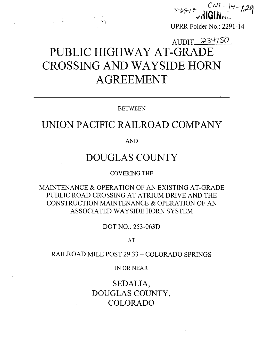 Public Highway At-Grade Crossing and Wayside Horn Agreement