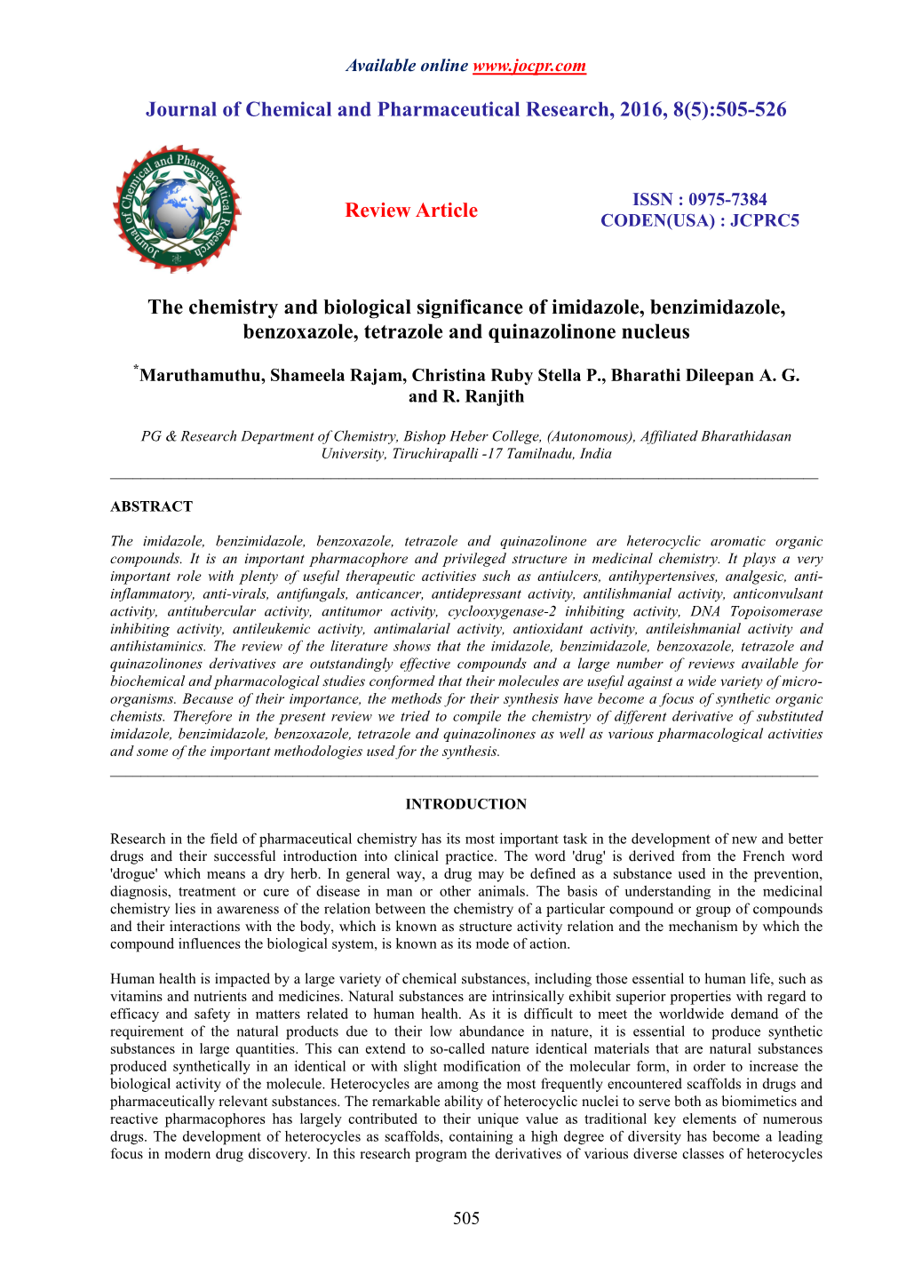 The Chemistry and Biological Significance of Imidazole, Benzimidazole, Benzoxazole, Tetrazole and Quinazolinone Nucleus