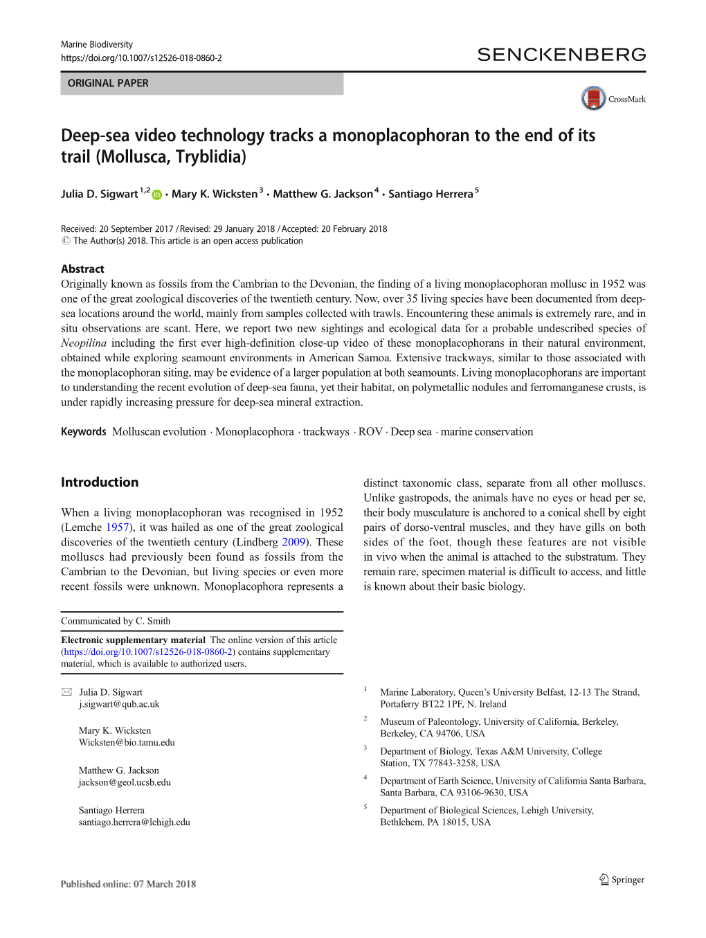 Deep-Sea Video Technology Tracks a Monoplacophoran to the End of Its Trail (Mollusca, Tryblidia)