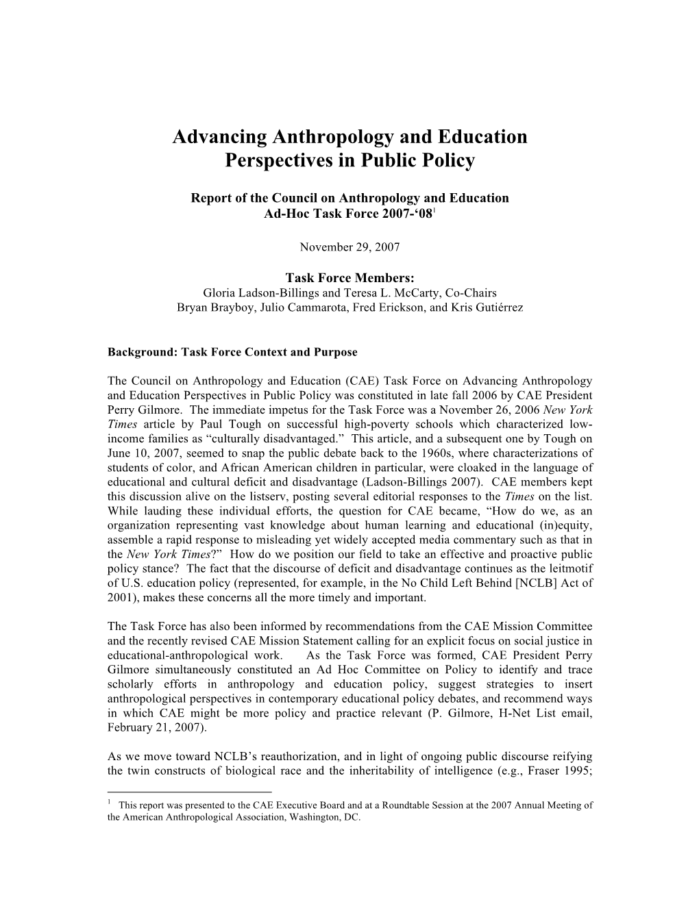 Advancing Anthropology and Education Perspectives in Public Policy