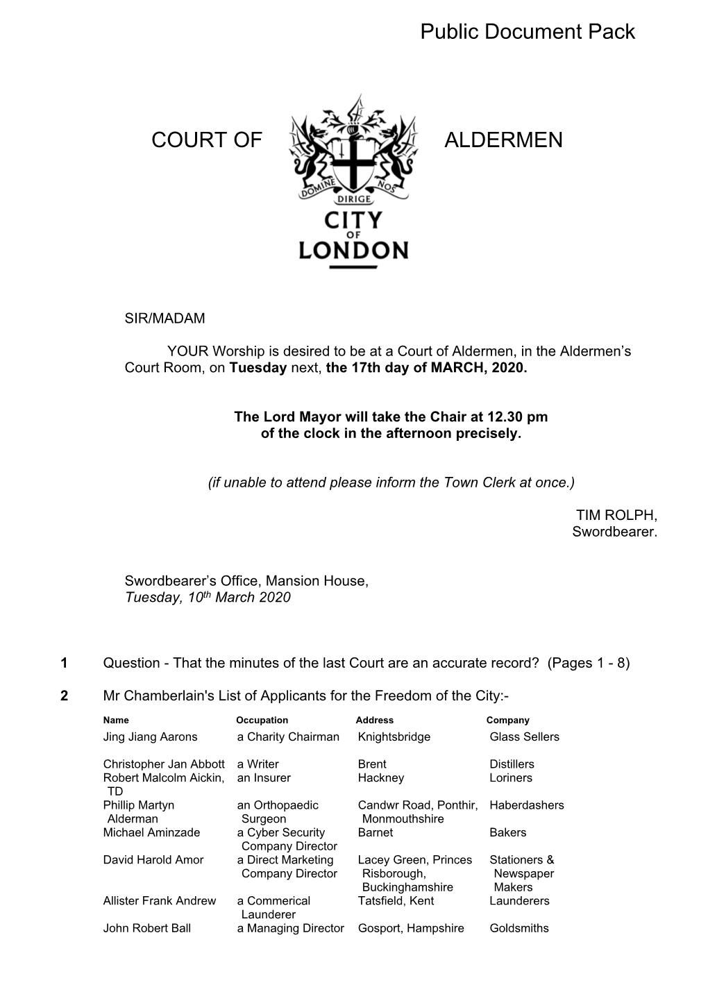 (Public Pack)Agenda Document for Court of Aldermen, 17/03/2020 12:30