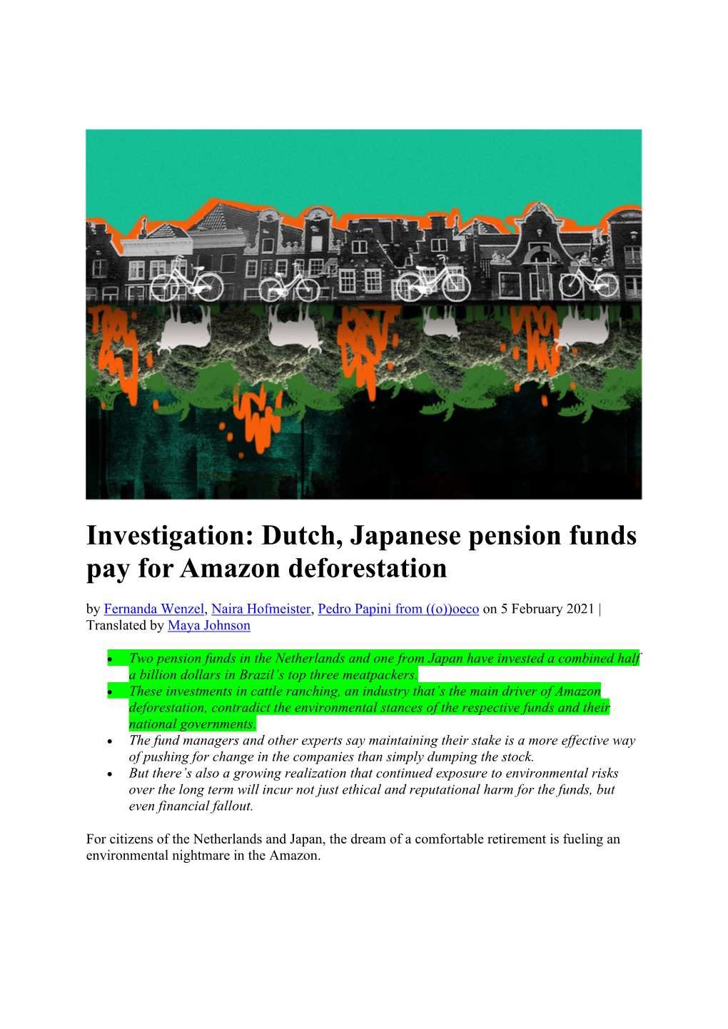 Dutch, Japanese Pension Funds Pay for Amazon Deforestation