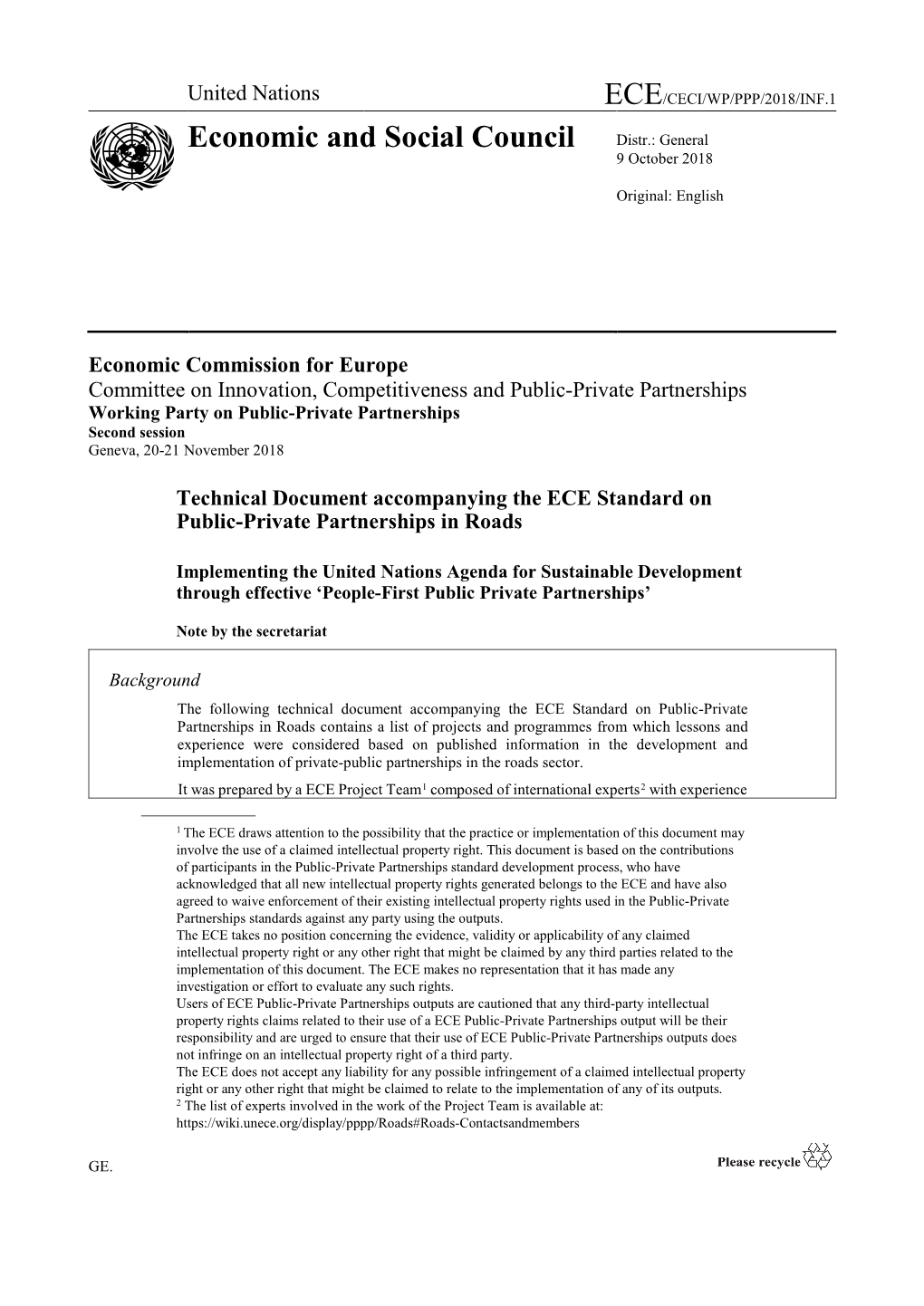 ECE/CECI/WP/PPP/2018/INF.1 Economic and Social Council Distr.: General 9 October 2018