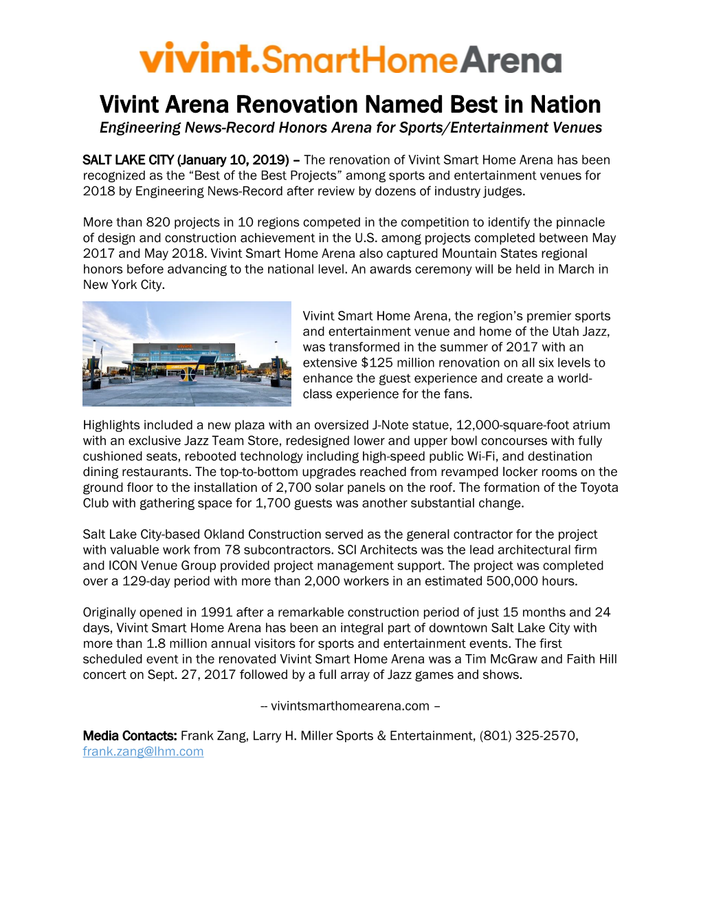 Vivint Arena Renovation Named Best in Nation Engineering News-Record Honors Arena for Sports/Entertainment Venues