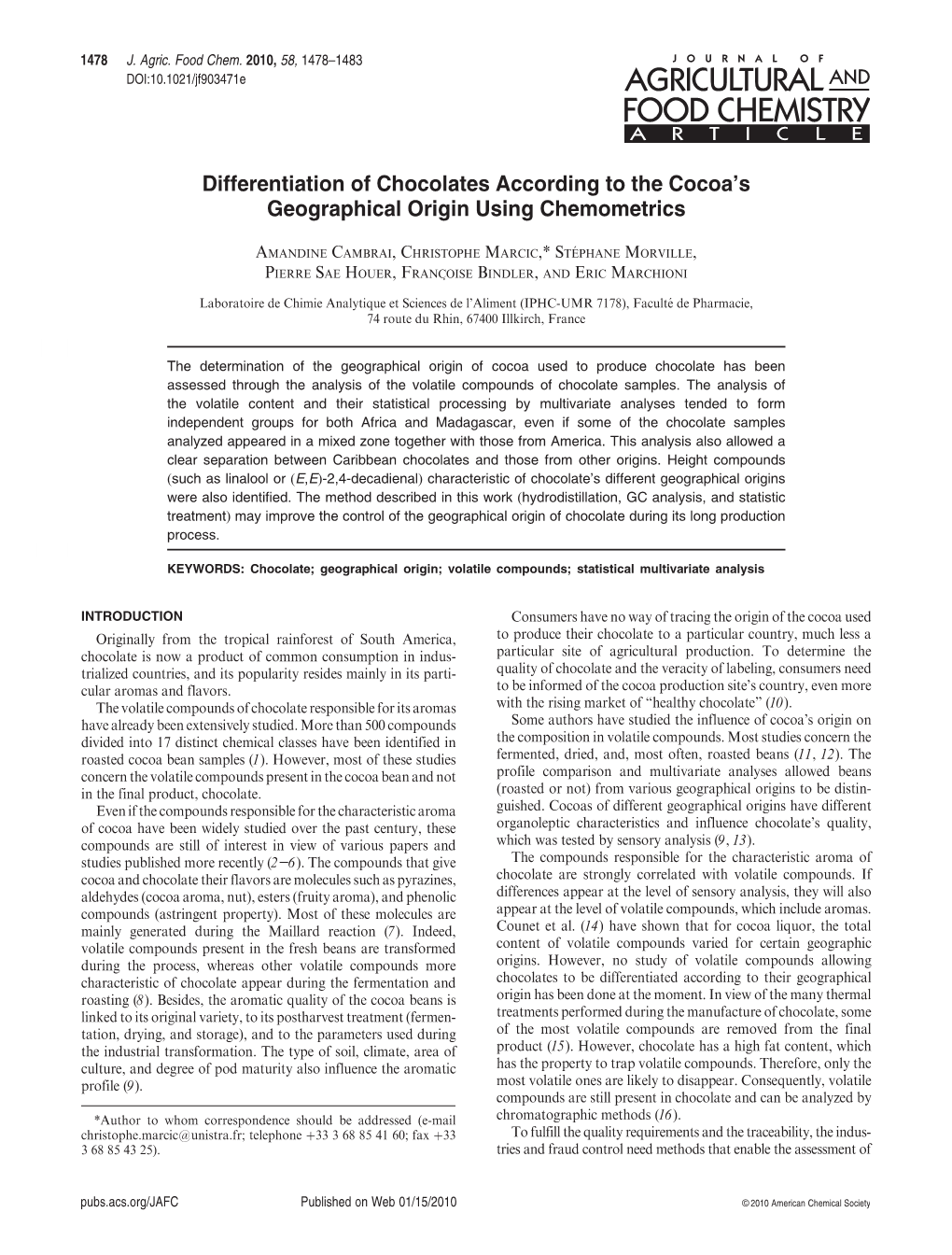 Differentiation of Chocolates According to the Cocoa's Geographical Origin Using Chemometrics