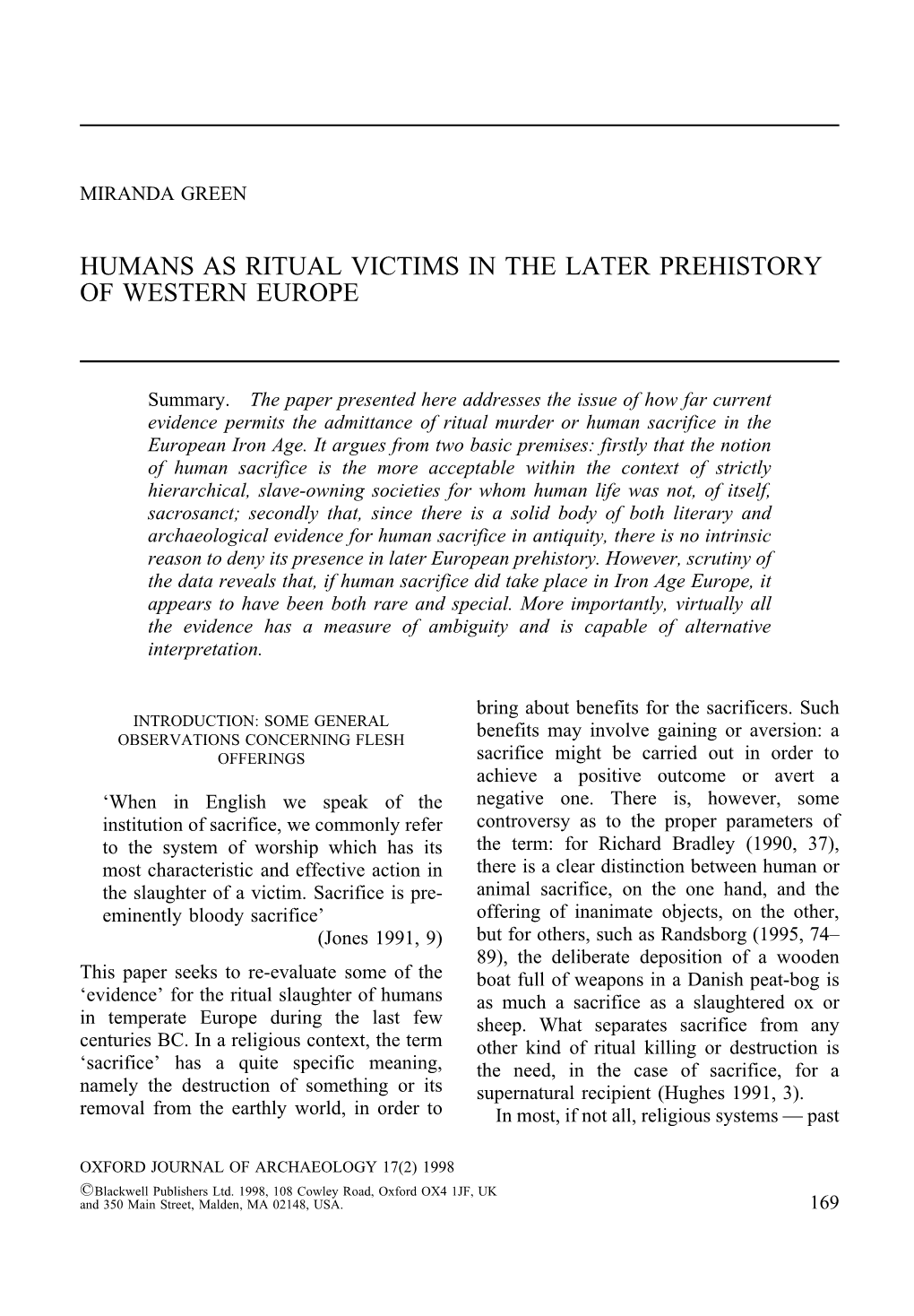 Humans As Ritual Victims in the Later Prehistory of Western Europe