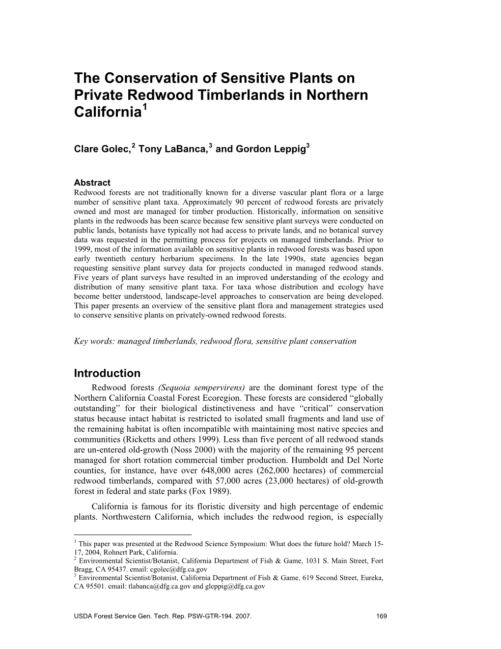 The Conservation of Sensitive Plants on Private Redwood Timberlands in Northern California1