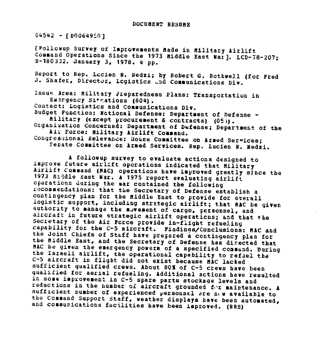 LCD-78-207 Followup Survey of Improvements Made in Military Airlift Command Operations Since the 1973 Middle East