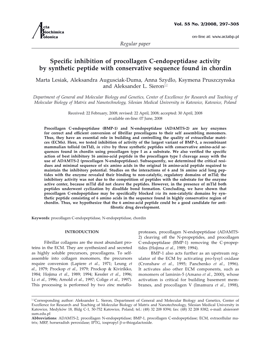 Specific Inhibition of Procollagen C-Endopeptidase Activity by Synthetic Peptide with Conservative Sequence Found in Chordin