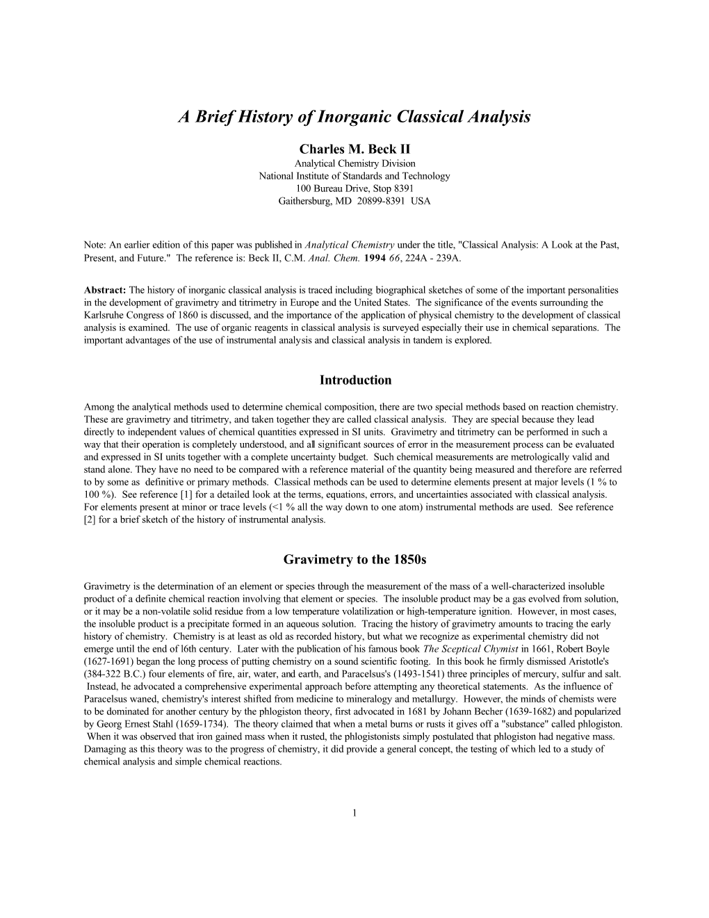 A Brief History of Inorganic Classical Analysis