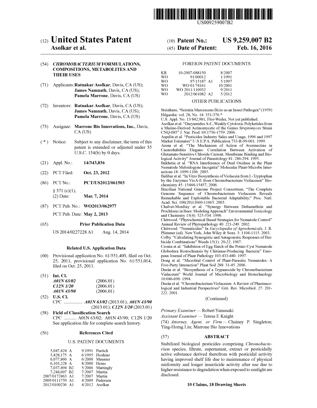 (12) United States Patent (10) Patent No.: US 9.259,007 B2 Asolkar Et Al