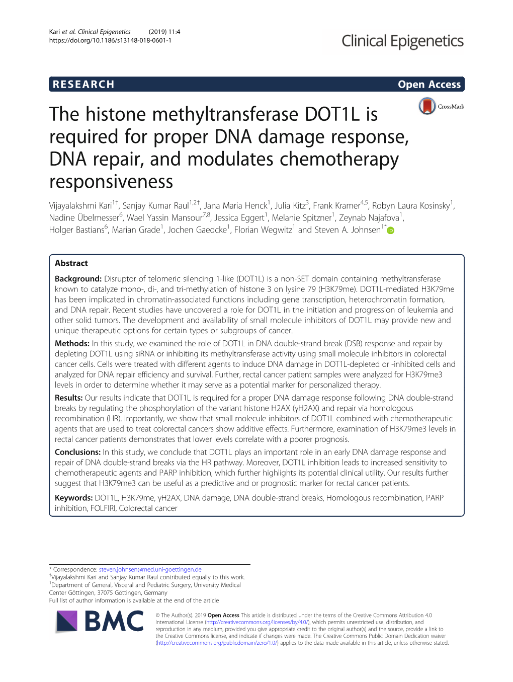 The Histone Methyltransferase DOT1L Is Required for Proper DNA Damage