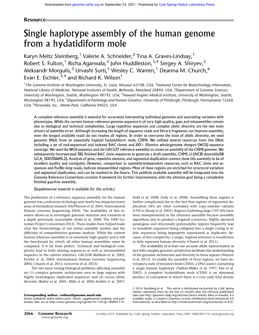 Single Haplotype Assembly of the Human Genome from a Hydatidiform Mole