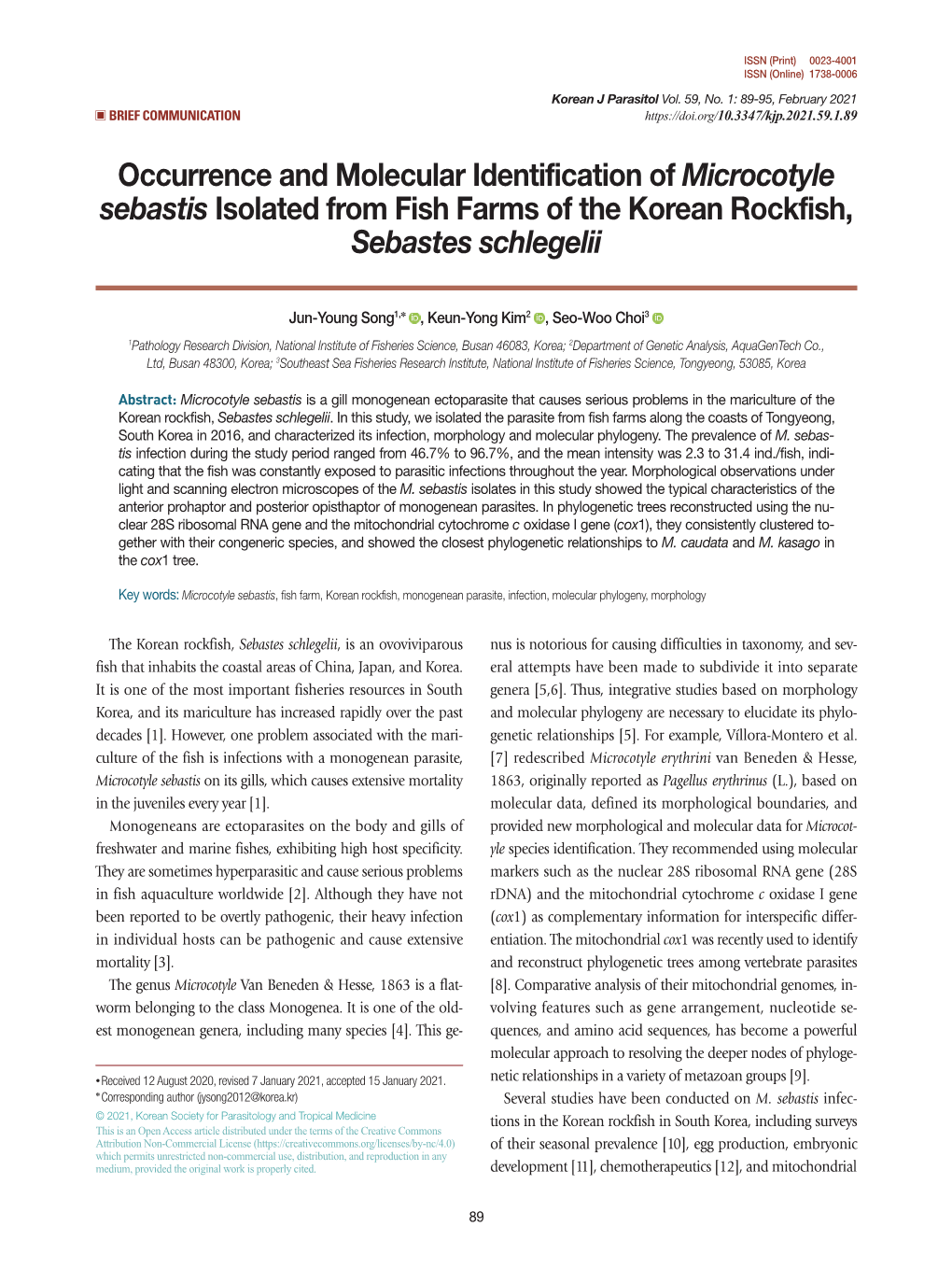 Microcotyle Sebastis Isolated from Fish Farms of the Korean Rockfish, Sebastes Schlegelii