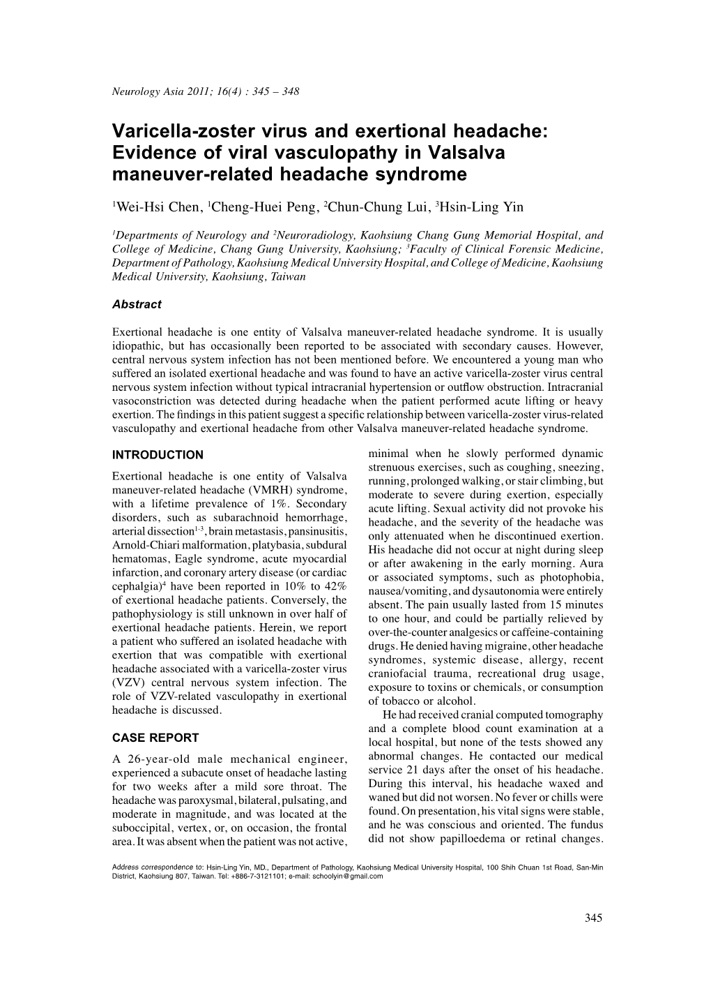 Varicella-Zoster Virus and Exertional Headache: Evidence of Viral Vasculopathy in Valsalva Maneuver-Related Headache Syndrome