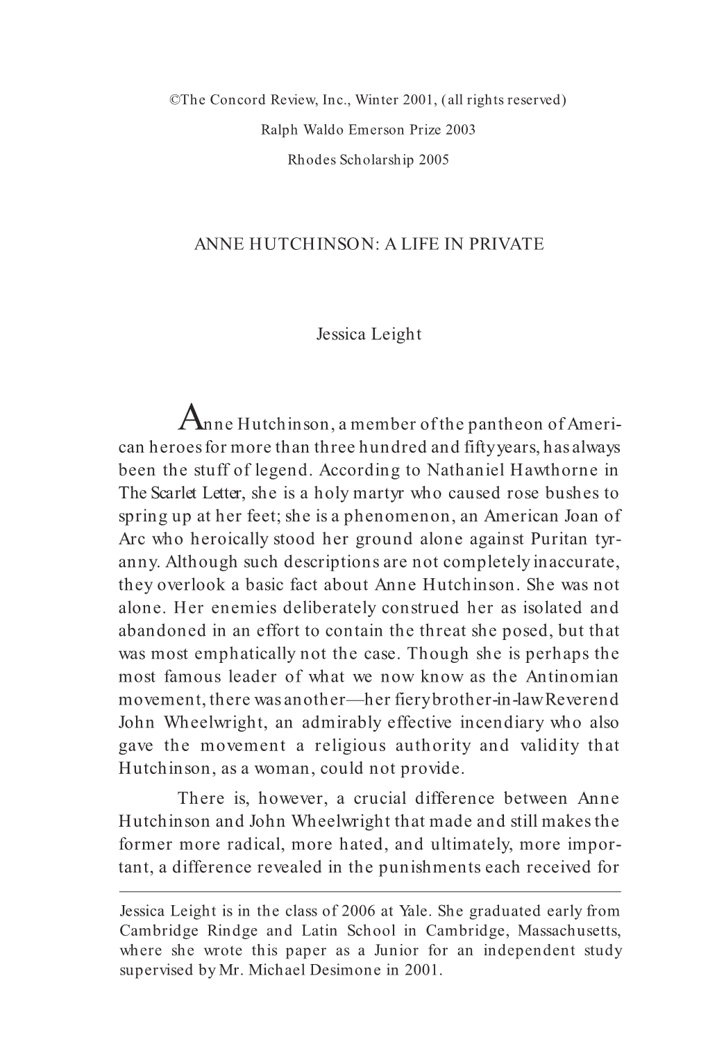 Anne Hutchinson: a Life in Private